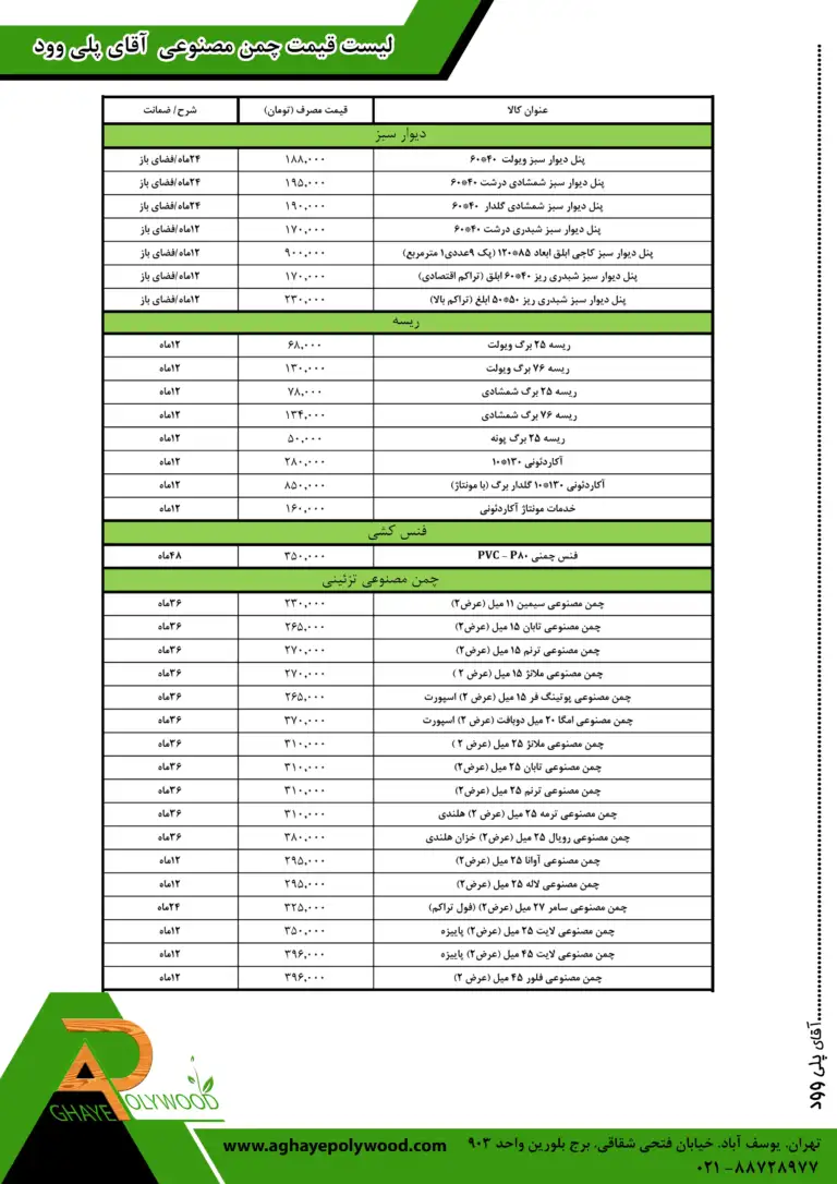 لیست قیمت چمن مصنوعی